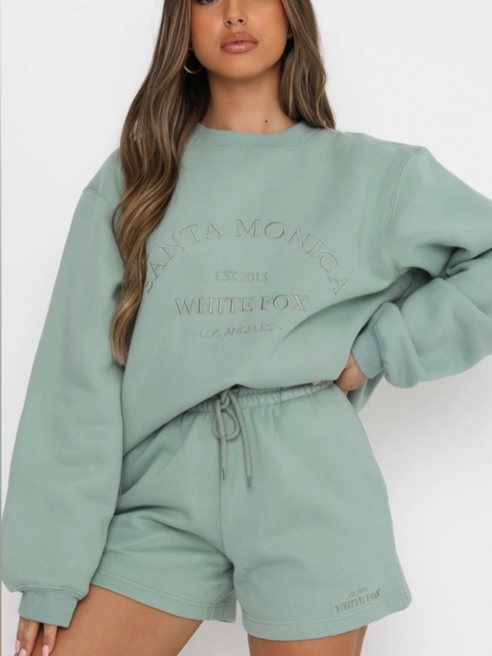 White Fox Sage Green Embroidered Sweatshirt & Shorts Set